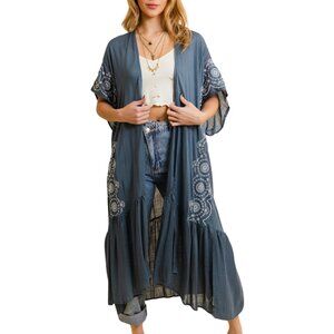 Boho Tribal Embroidered Kimono 1 Sz Lightweight Blue Grey Denim Style Long Beach